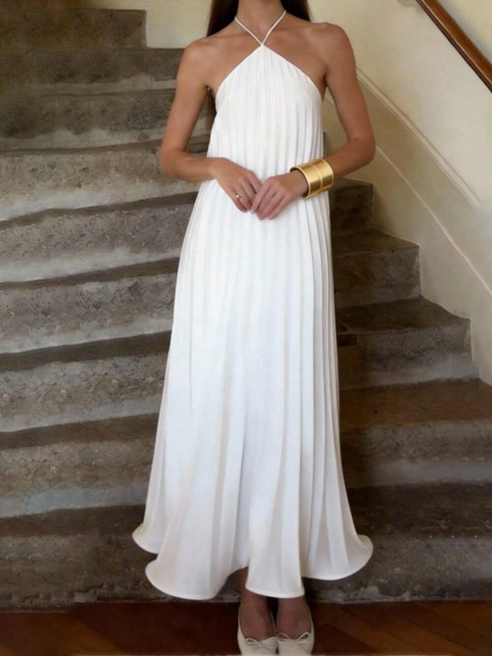 White Elegant Women's Pleated Halter Neck Maxi Dress - Picture 3 of 11